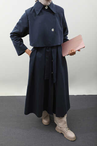 Parçalı Kloş Trençkot Koyu Lacivert - 11