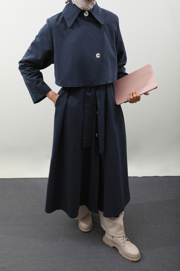 Parçalı Kloş Trençkot Koyu Lacivert - 11