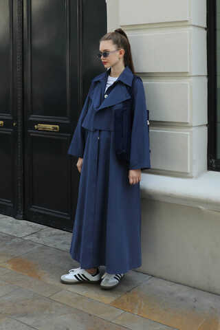 Parçalı Kloş Trençkot Lacivert - 5