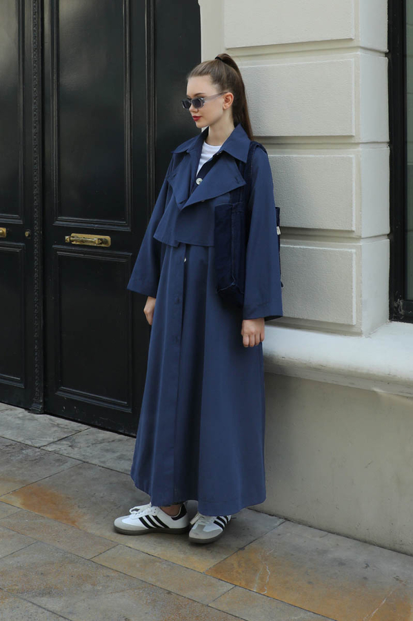 Parçalı Kloş Trençkot Lacivert - 5