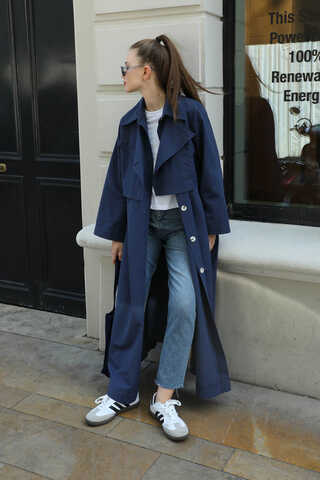 Parçalı Kloş Trençkot Lacivert - 7