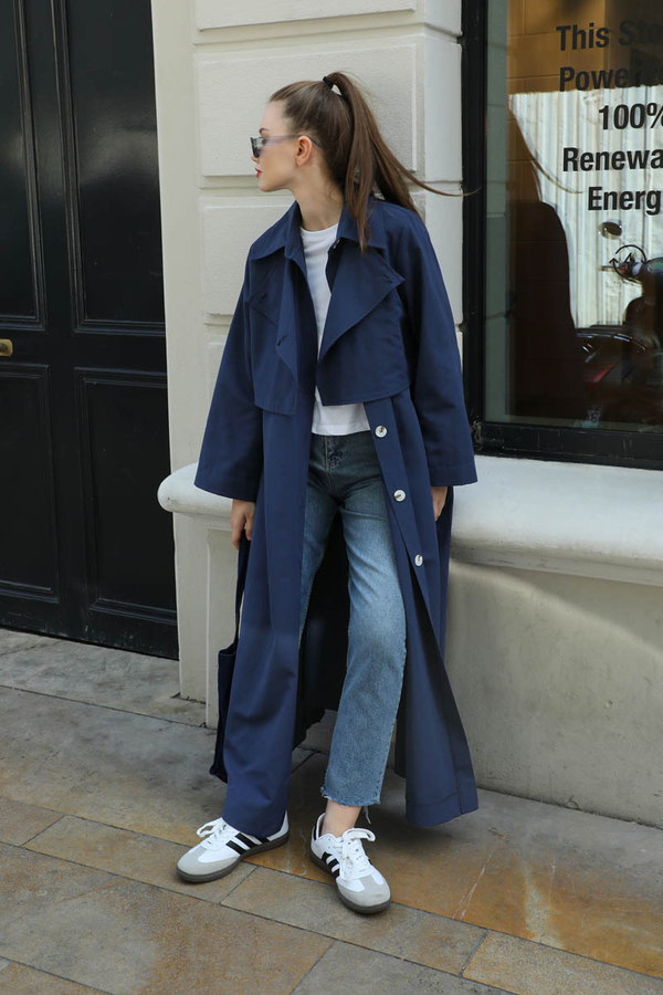 Parçalı Kloş Trençkot Lacivert - 7