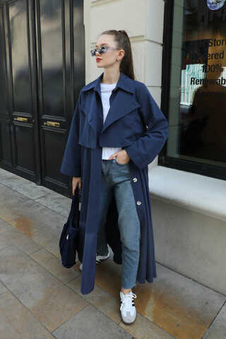 Parçalı Kloş Trençkot Lacivert - 9