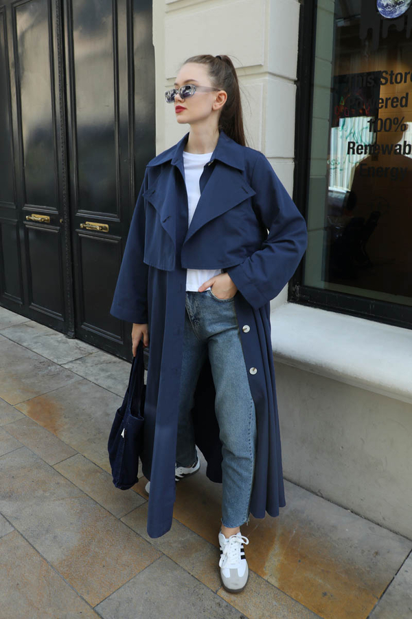 Parçalı Kloş Trençkot Lacivert - 9