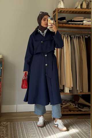Parçalı Kloş Trençkot Lacivert - 2