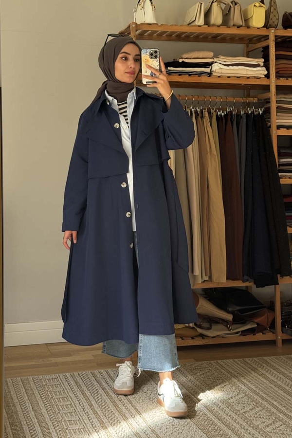 Parçalı Kloş Trençkot Lacivert - 1