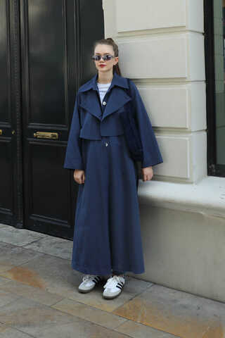 Parçalı Kloş Trençkot Lacivert - 4