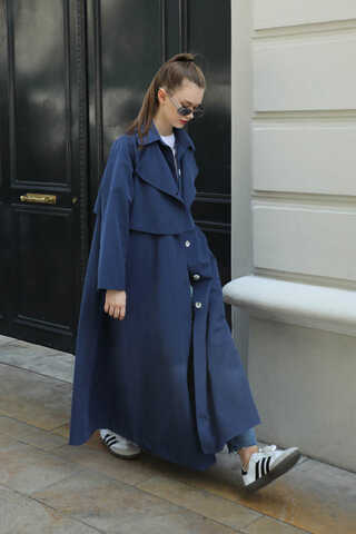 Parçalı Kloş Trençkot Lacivert - 6