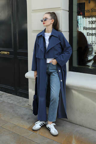 Parçalı Kloş Trençkot Lacivert - 8