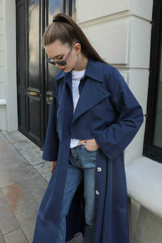 Parçalı Kloş Trençkot Lacivert - 10