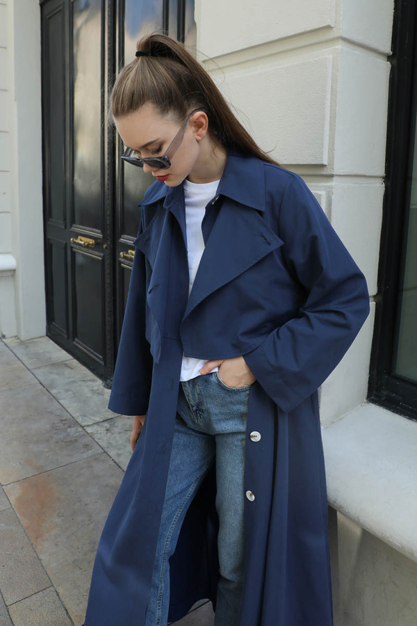 Parçalı Kloş Trençkot Lacivert - 10