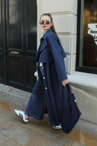 Parçalı Kloş Trençkot Lacivert - 3