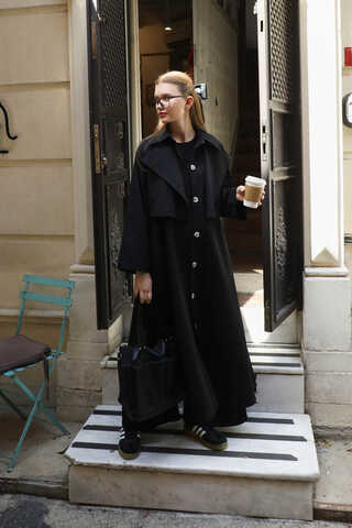 Parçalı Kloş Trençkot Siyah - 3