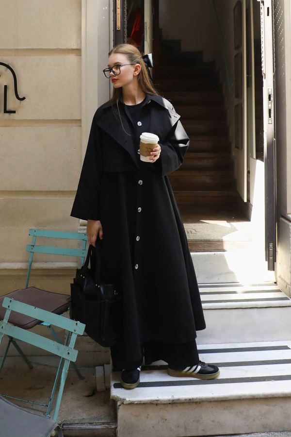 Parçalı Kloş Trençkot Siyah - 4