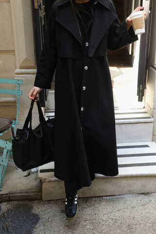 Parçalı Kloş Trençkot Siyah - 6