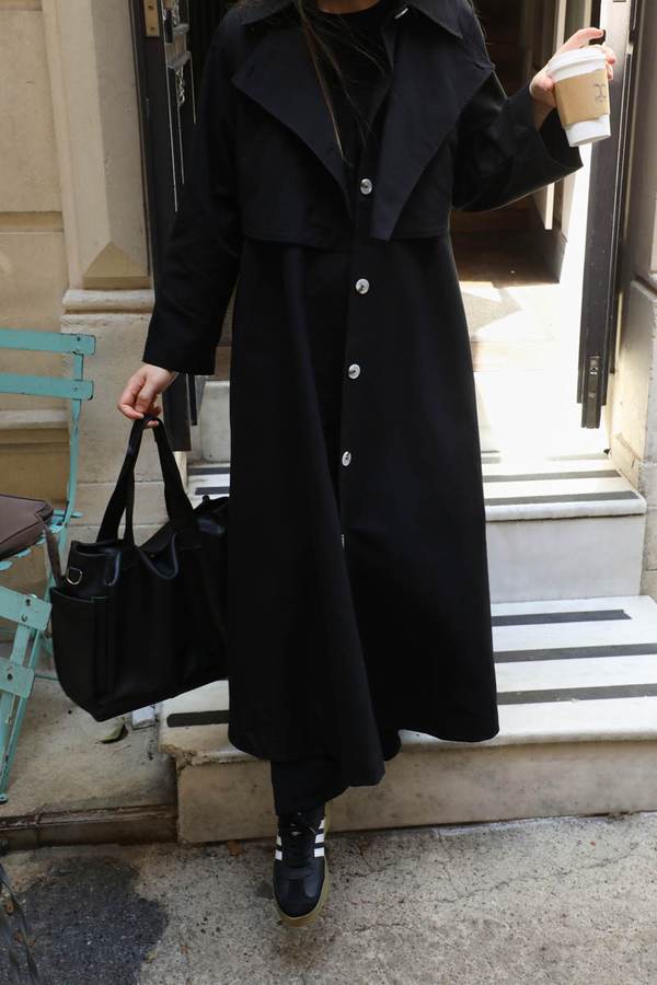 Parçalı Kloş Trençkot Siyah - 6