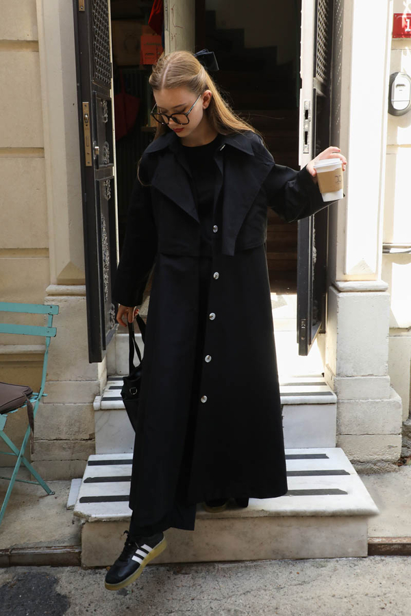 Parçalı Kloş Trençkot Siyah - 7