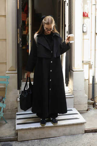 Parçalı Kloş Trençkot Siyah - 8