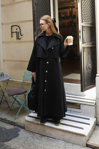 Parçalı Kloş Trençkot Siyah - 9