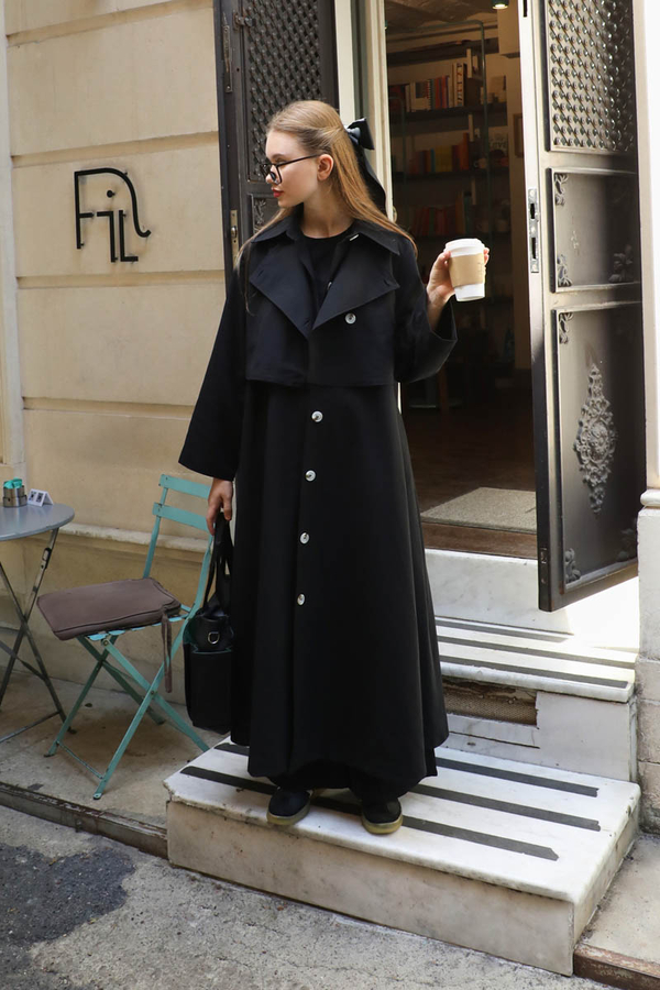 Parçalı Kloş Trençkot Siyah - 9