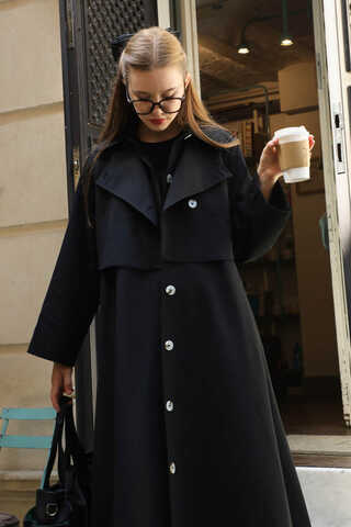 Parçalı Kloş Trençkot Siyah - 10