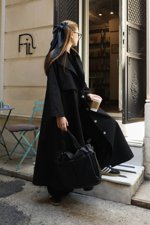 Parçalı Kloş Trençkot Siyah - 11