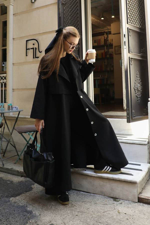 Parçalı Kloş Trençkot Siyah - 13