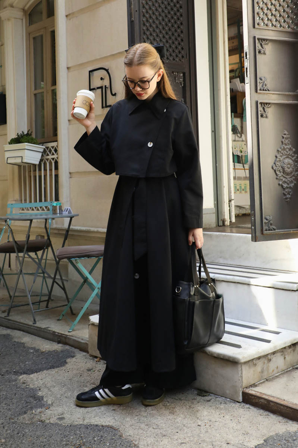 Parçalı Kloş Trençkot Siyah - 14