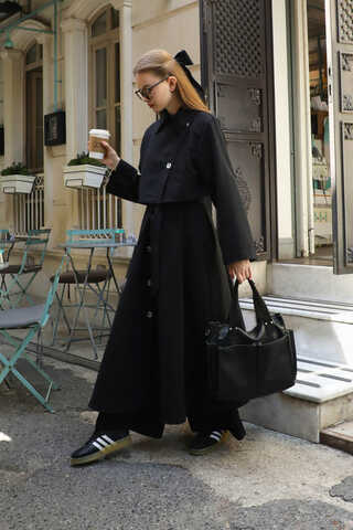 Parçalı Kloş Trençkot Siyah - 15