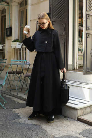 Parçalı Kloş Trençkot Siyah - 16