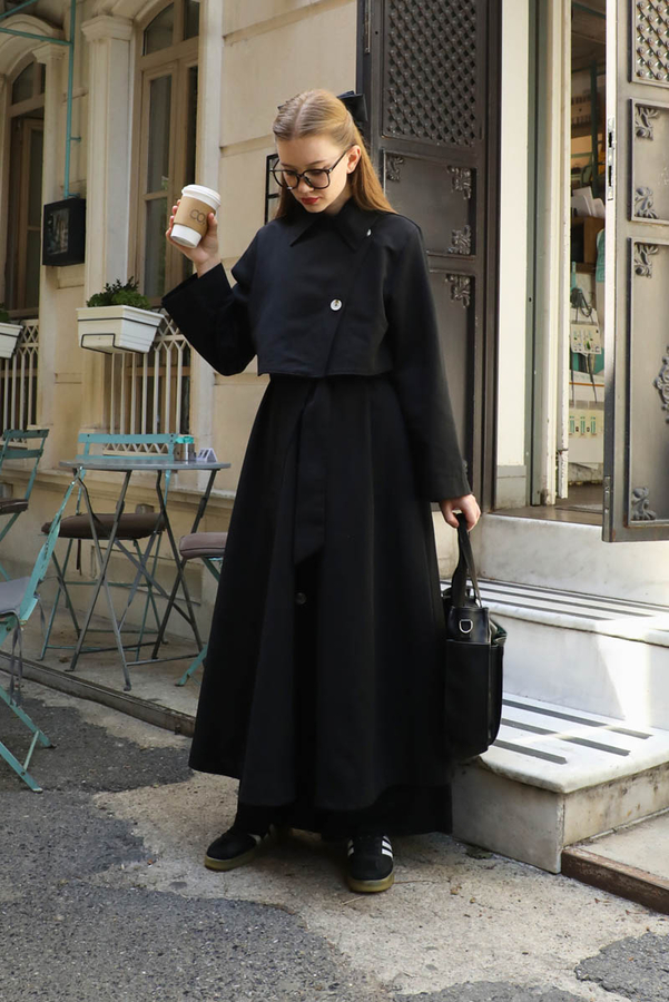 Parçalı Kloş Trençkot Siyah - 16