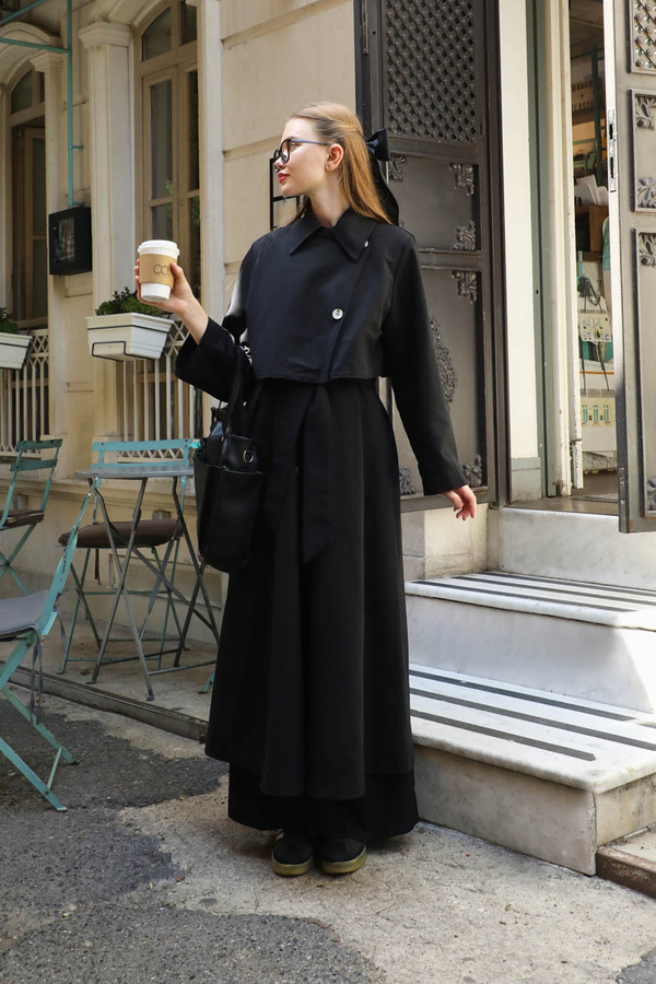 Parçalı Kloş Trençkot Siyah - 1