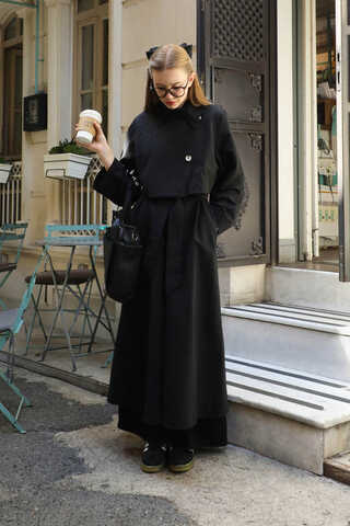 Parçalı Kloş Trençkot Siyah - 17