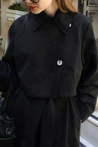 Parçalı Kloş Trençkot Siyah - 18