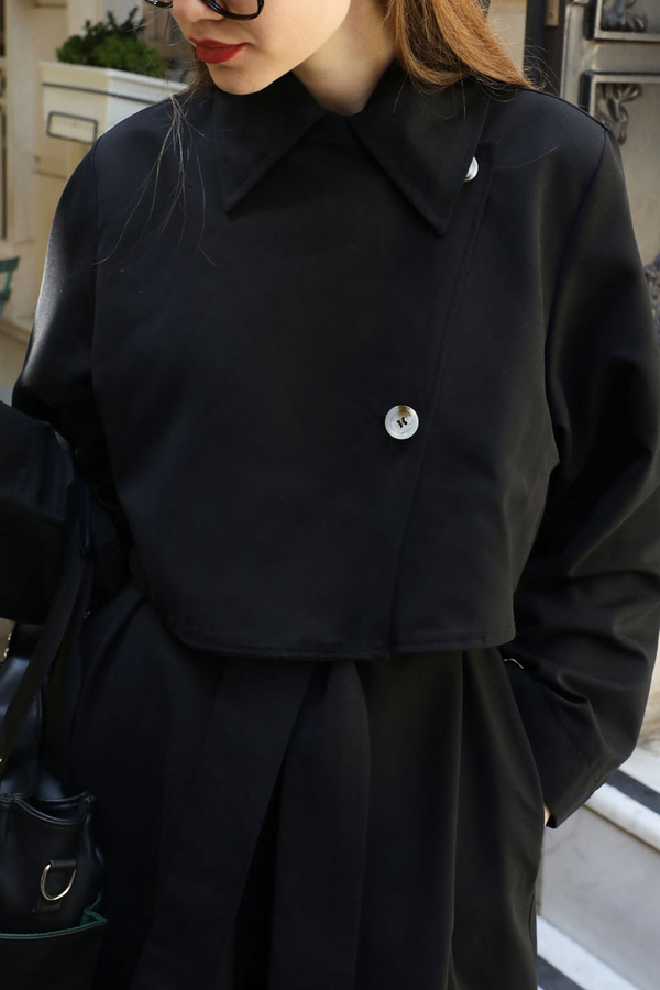 Parçalı Kloş Trençkot Siyah - 18