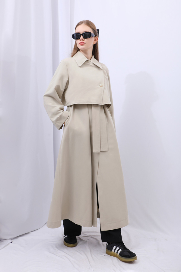 Parçalı Kloş Trençkot Taş - 7