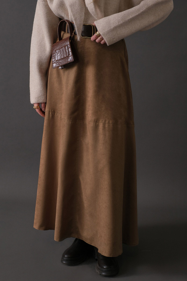 Parçalı Süet Etek Camel - 3