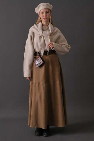 Parçalı Süet Etek Camel - 8