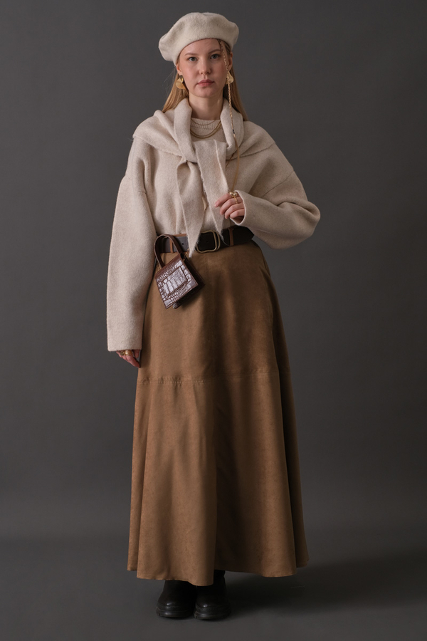 Parçalı Süet Etek Camel - 8