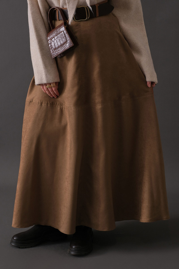 Parçalı Süet Etek Camel - 12