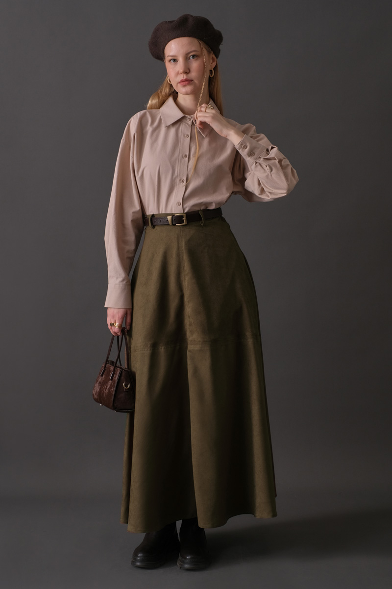 Parçalı Süet Etek Haki