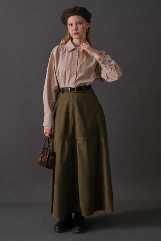 Parçalı Süet Etek Haki