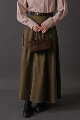 Parçalı Süet Etek Haki - 6