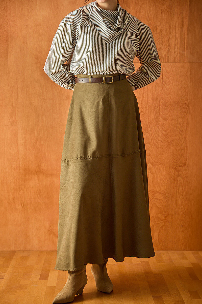 Parçalı Süet Etek Haki - 4