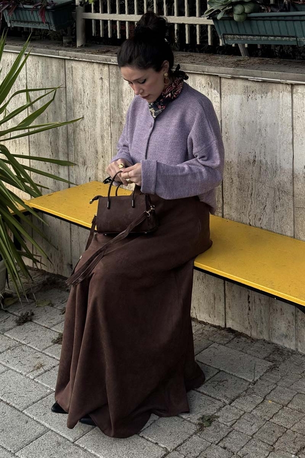 Parçalı Süet Etek Kahverengi