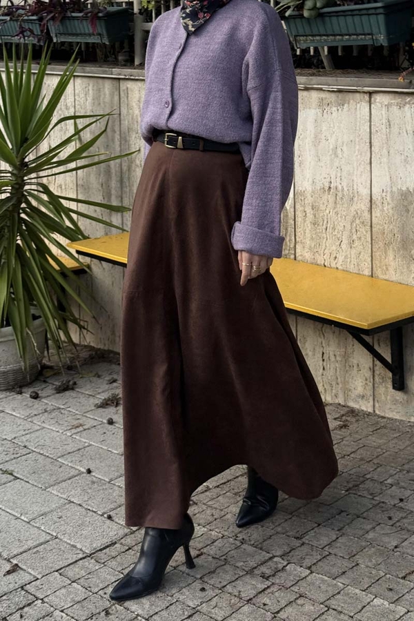 Parçalı Süet Etek Kahverengi (1)