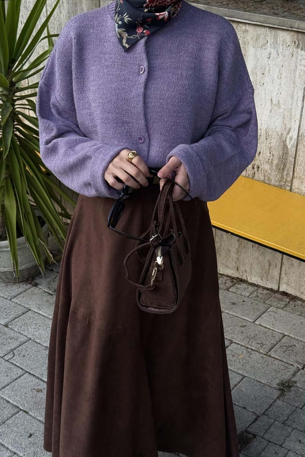 Parçalı Süet Etek Kahverengi - 5