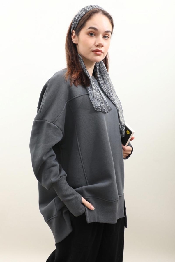 Parmak Geçirme Detaylı Sweatshirt Antrasit - 3