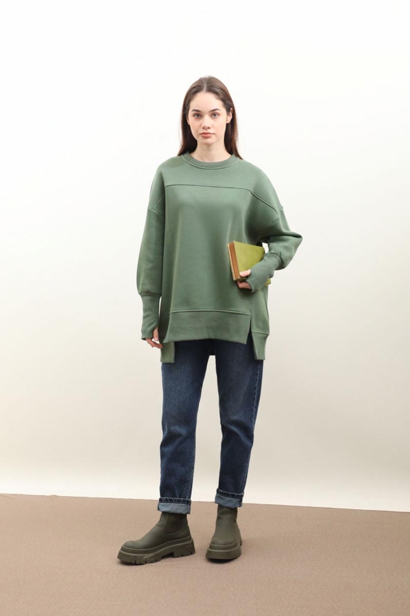 Parmak Geçirme Detaylı Sweatshirt Haki