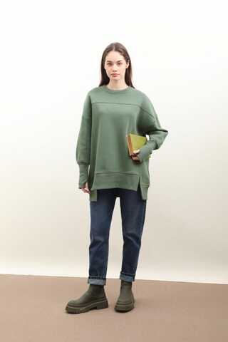 Parmak Geçirme Detaylı Sweatshirt Haki - 1